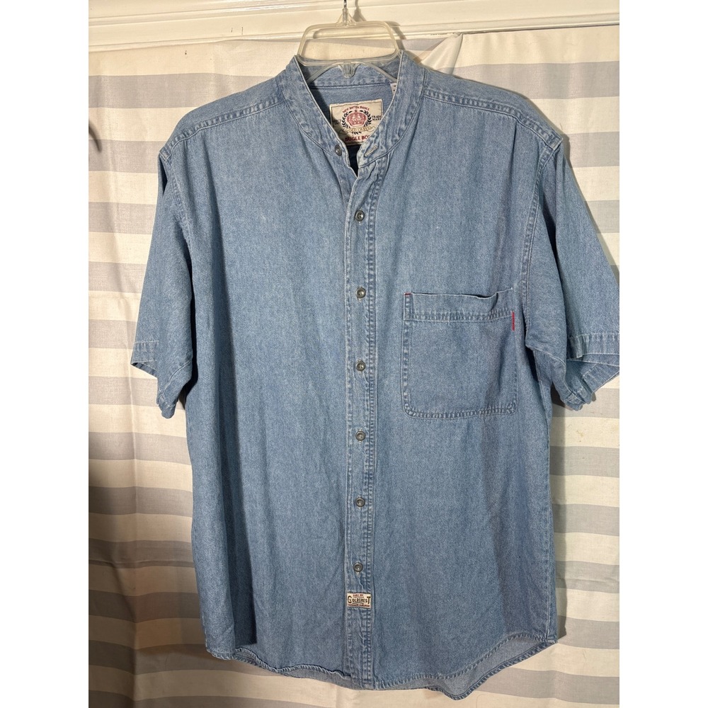 VTG Bugle Boy GoldCrest Mens Light Wash Denim Banded Collar Short Sleeve Shirt S